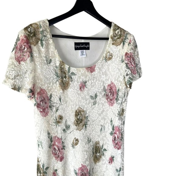 Vintage 90s White Floral Floral Print Short Sleeve Full Length Dress 14 - Picture 2 of 8